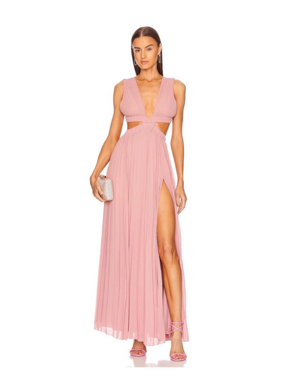 Elegant Blush Pink Cutout Pleated Maxi Dress